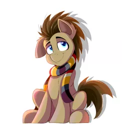 Size: 1996x2041 | Tagged: safe, artist:tehshockwave, derpibooru import, doctor whooves, time turner, earth pony, pony, clothes, cute, doctorbetes, floppy ears, fourth doctor's scarf, male, scarf, simple background, sitting, solo, stallion, white background