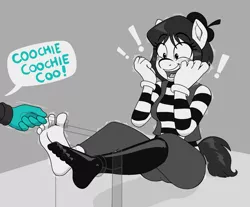 Size: 1111x919 | Tagged: anthro, artist:caroo, barefoot, beret, bondage, clothes, derpibooru import, exclamation point, feet, fetish, foot fetish, hat, latex, latex socks, laughing, mime, oc, oc:cid, oc:isabelle incraft, oc:izzy, open mouth, pants, plantigrade anthro, safe, shirt, sitting, smiling, socks, speech bubble, stocks, tickle torture, tickling, toes, vest