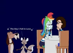 Size: 2460x1792 | Tagged: safe, artist:hunterxcolleen, derpibooru import, rainbow dash, oc, oc:stewart gary, cat, dog, equestria girls, equestria girls series, buster, chair, crossover, gwendolyn, singing, table, the fearless four