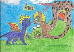 Size: 2550x1794 | Tagged: safe, artist:dreamvirusomega, derpibooru import, oc, oc:mesme rize, dragon, dragonfly, insect, lamia, original species, pony, snake, snake pony, hypnosis, shiny, spyro the dragon, traditional art