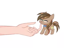 Size: 4320x3284 | Tagged: safe, artist:pesty_skillengton, derpibooru import, oc, oc:dawnsong, unofficial characters only, earth pony, pony, chin scratch, collar, commission, cute, female, glasses, hand, happy, simple background, smol, solo, tiny, tiny ponies, white background, ych result