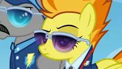 Size: 1280x720 | Tagged: safe, derpibooru import, screencap, spitfire, whiplash, pegasus, pony, wonderbolts academy, captain of the wonderbolts, clothes, confused, drill sergeant, duo, facial hair, female, folded wings, frown, impatient, leader, male, mare, moustache, narrowed eyes, raised eyebrow, stallion, sunglasses, uniform, wings, wonderbolts uniform