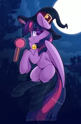 Size: 1772x2717 | Tagged: safe, artist:shadowreindeer, derpibooru import, twilight sparkle, twilight sparkle (alicorn), alicorn, pony, bell, bell collar, candy, clothes, collar, female, flying, food, full moon, glowing horn, hat, horn, lollipop, magic, mare, missing cutie mark, moon, panties, smiling, socks, solo, stockings, striped socks, telekinesis, thigh highs, underwear, witch hat