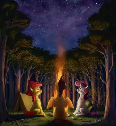 Size: 1920x2095 | Tagged: safe, artist:samum41, derpibooru import, apple bloom, scootaloo, sweetie belle, earth pony, pegasus, pony, unicorn, bow, cutie mark crusaders, female, filly, fire, grass, hair bow, night, scenery, sitting, spread wings, stars, tree, wings