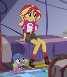 Size: 415x476 | Tagged: suggestive, artist:thedarkpony, derpibooru import, edit, edited screencap, screencap, spike, spike the regular dog, sunset shimmer, dog, equestria girls, legend of everfree, clothes, fetish, pee edit, pissing, shorts, sitting, urine, watersports, wetting