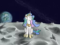 Size: 1600x1200 | Tagged: safe, artist:rocket-lawnchair, artist:sonicontinuum, derpibooru import, princess celestia, alicorn, pony, banished to the moon, earth, faic, female, hoof shoes, mare, moon, role reversal, scenery, sitting, solo, space, the tables have turned, to the moon, wat, wide eyes