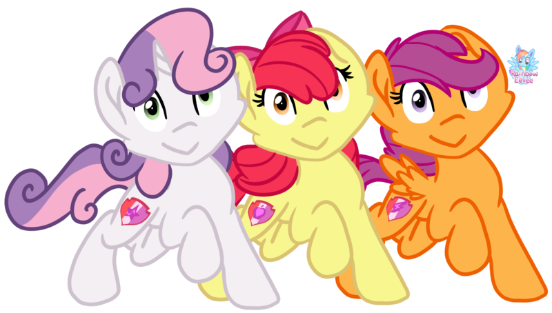 Size: 1939x1101 | Tagged: safe, artist:rainbow eevee, derpibooru import, apple bloom, scootaloo, sweetie belle, earth pony, pegasus, pony, unicorn, cute, cutie mark, cutie mark crusaders, derp, female, simple background, the cmc's cutie marks, transparent background, wat