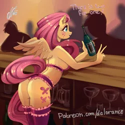 Size: 2000x2000 | Tagged: suggestive, artist:xjenn9, derpibooru import, fluttershy, anthro, bat pony, pegasus, alcohol, ass, bar, bartender, bent over, blurred background, blushing, bottle, bra, breasts, busty fluttershy, butt, clothes, dialogue, ear fluff, eyelashes, eyeshadow, female, female focus, flutterbat, flutterbutt, frilly underwear, high res, lingerie, liquor, long tail, looking at someone, makeup, mare, mug, open mouth, panties, patreon, race swap, raised tail, sexy, shoulder fluff, sideboob, signature, small wings, smiling, socks, solo focus, spread wings, stockings, tail, talking, thigh highs, thong, underwear, wings