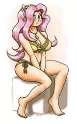 Size: 1003x1600 | Tagged: suggestive, artist:king-kakapo, derpibooru import, fluttershy, bat pony, human, adorasexy, barefoot, beautiful, big breasts, bikini, blushing, breasts, busty fluttershy, clothes, cute, eye clipping through hair, feet, female, flutterbat, humanized, looking at you, race swap, scrunchy face, sexy, shyabetes, sitting, solo, solo female, swimsuit