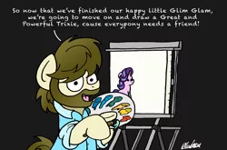 Size: 5200x3442 | Tagged: safe, artist:bobthedalek, derpibooru import, starlight glimmer, oc, oc:kettle master, ponified, earth pony, pony, unicorn, beard, black background, bob ross, canvas, clothes, cute, easel, facial hair, female, glim glam, glimmy, hoof hold, implied trixie, looking at you, male, mare, open mouth, paint, paintbrush, painting, palette, parody, reference, shirt, signature, simple background, sitting, smiling, stallion, text, the joy of painting