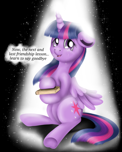 Size: 1024x1280 | Tagged: safe, artist:valemjj, derpibooru import, twilight sparkle, twilight sparkle (alicorn), alicorn, pony, season 9, spoiler:s09, book, crying, end of g4, end of ponies, final season, last season, looking at you, solo, spotlight, tears of joy, the end, this will end in tears