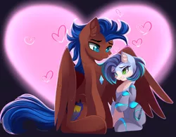 Size: 2769x2165 | Tagged: safe, artist:airiniblock, derpibooru import, oc, oc:ash wing, oc:nimble wing, unofficial characters only, earth pony, pegasus, pony, commission, ear fluff, eye contact, heart, heart background, hearts and hooves day, heterochromia, holiday, hug, jewelry, looking at each other, mechanical legs, necklace, one hoof raised, rcf community, shipping, valentine's day, winghug