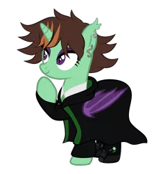 Size: 3576x3760 | Tagged: safe, artist:magicdarkart, derpibooru import, oc, oc:mareula snyde, unofficial characters only, alicorn, bat pony, bat pony alicorn, pony, alicorn oc, bat pony oc, bat wings, boots, cape, cloak, clothes, commission, crossover, ear piercing, earring, eyeshadow, fangs, female, harry potter, hogwarts mystery, horn, jewelry, makeup, mare, merula snyde, necktie, piercing, raised hoof, shoes, simple background, slytherin, socks, solo, stockings, thigh highs, torn clothes, transparent background, wings