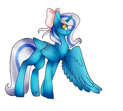 Size: 512x461 | Tagged: safe, artist:hunny-bun-bunn, derpibooru import, oc, oc:fleurbelle, alicorn, pony, adorable face, alicorn oc, bow, cute, female, hair bow, happy, horn, long hair, long mane, long tail, looking back, looking up, mare, pink bow, ribbon, shy, smiling, spread wings, sweet, wings, yellow eyes