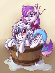 Size: 2187x2894 | Tagged: safe, artist:sugaryviolet, derpibooru import, oc, oc:malina, oc:starburn, unofficial characters only, bat pony, pegasus, pony, bat pony oc, bat wings, bath, bathing, bathtub, blushing, bubble bath, cute, embarrassed, female, floppy ears, mother and child, mother and daughter, mothers gonna mother, music notes, one eye closed, smiling, soap bubble, suds, washing hair, washtub, wings
