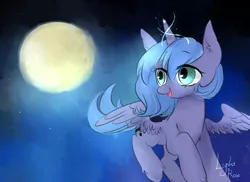 Size: 1200x875 | Tagged: safe, artist:lity, derpibooru import, princess luna, alicorn, pony, chest fluff, cute, ear fluff, eye clipping through hair, female, filly, flying, full moon, leg fluff, lunabetes, magic, moon, night, open mouth, pixiv, sky, solo, spread wings, wings, woona, younger