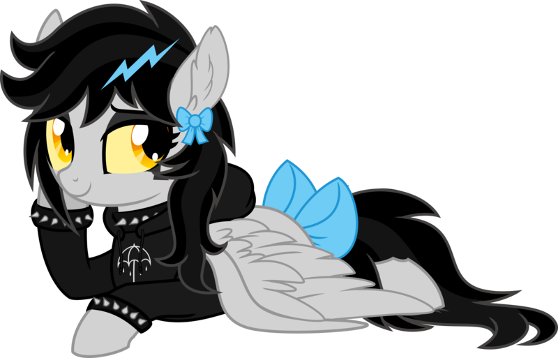 Size: 8003x5133 | Tagged: safe, artist:aureai, derpibooru import, oc, oc:lightning dee, unofficial characters only, pegasus, pony, .svg available, black hair, bow, bracelet, bring me the horizon, choker, clothes, colored sclera, commission, ear fluff, emo, eyeshadow, female, hair bow, hair ornament, happy, hoodie, hoof on cheek, lidded eyes, looking at you, looking back, makeup, mare, messy mane, prone, ribbon, simple background, smiling, solo, spiked choker, spiked wristband, spread wings, svg, tail bow, transparent background, vector, wings, wristband, yellow sclera