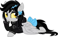 Size: 8003x5133 | Tagged: safe, artist:aureai, derpibooru import, oc, oc:lightning dee, unofficial characters only, pegasus, pony, .svg available, black hair, bow, bracelet, bring me the horizon, choker, clothes, colored sclera, commission, ear fluff, emo, eyeshadow, female, hair bow, hair ornament, happy, hoodie, hoof on cheek, lidded eyes, looking at you, looking back, makeup, mare, messy mane, prone, ribbon, simple background, smiling, solo, spiked choker, spiked wristband, spread wings, svg, tail bow, transparent background, vector, wings, wristband, yellow sclera