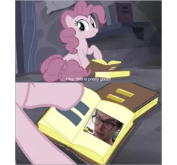 Size: 769x718 | Tagged: safe, derpibooru import, edit, edited screencap, editor:countcoltnackh, screencap, pinkie pie, earth pony, human, pony, the cutie map, book, caption, crossover, dank memes, equal sign, exploitable meme, glasses, hey that's pretty good, idubbbz, image macro, meme, solo, text, youtube