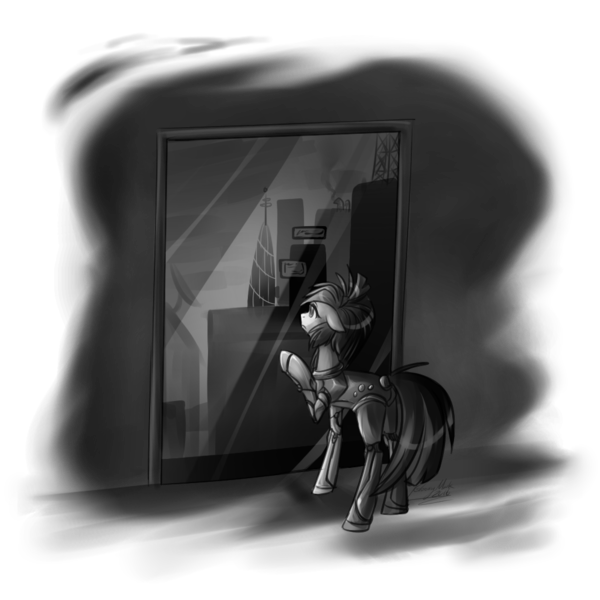 Size: 995x995 | Tagged: safe, artist:its-gloomy, derpibooru import, oc, oc:nighttide star, unofficial characters only, cyborg, pony, black and white, female, grayscale, looking out the window, mare, monochrome, sad, simple background, solo, standing, transparent background