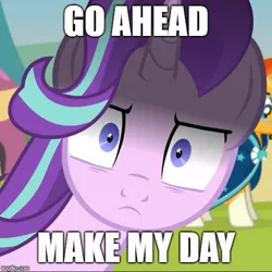 Size: 500x500 | Tagged: safe, artist:agrol, derpibooru import, edit, starlight glimmer, sunburst, pony, caption, carnival, clint eastwood, close-up, cropped, death stare, dirty harry, extreme close up, fair, female, frown, glarelight glimmer, hair flip, horn, image macro, impact font, inconvenient starlight, looking at you, male, mare, meme, reaction image, scary, shadow, shipping, show accurate, shrunken pupils, solo focus, square, stallion, starburst, stare, straight, sudden impact, text, time for two