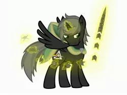 Size: 3500x2625 | Tagged: safe, artist:bigrodeo, derpibooru import, oc, oc:quantum flash, unofficial characters only, alicorn, pony, alicorn oc, cloak, clothes, horn, magic, male, robe, simple background, solo, stallion, sword, weapon, white background, wings