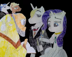 Size: 1081x860 | Tagged: safe, artist:hakdurbin, derpibooru import, fancypants, prince blueblood, rarity, pony, clothes, dress, female, male, marriage, rariblood, shipping, straight, traditional art, wedding, wedding dress