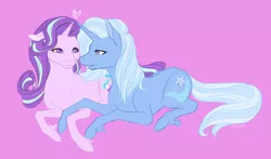 Size: 1280x752 | Tagged: safe, artist:j3r1k0, derpibooru import, starlight glimmer, trixie, pony, unicorn, female, heart, lesbian, lidded eyes, mare, prone, shipping, startrix, unshorn fetlocks