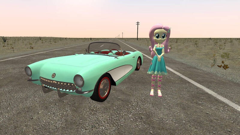 Size: 1024x576 | Tagged: safe, artist:marshmallowbfpony, derpibooru import, fluttershy, equestria girls, equestria girls series, 3d, car, chevrolet corvette, clothes, corvette c1, dress, gmod, road, sandals