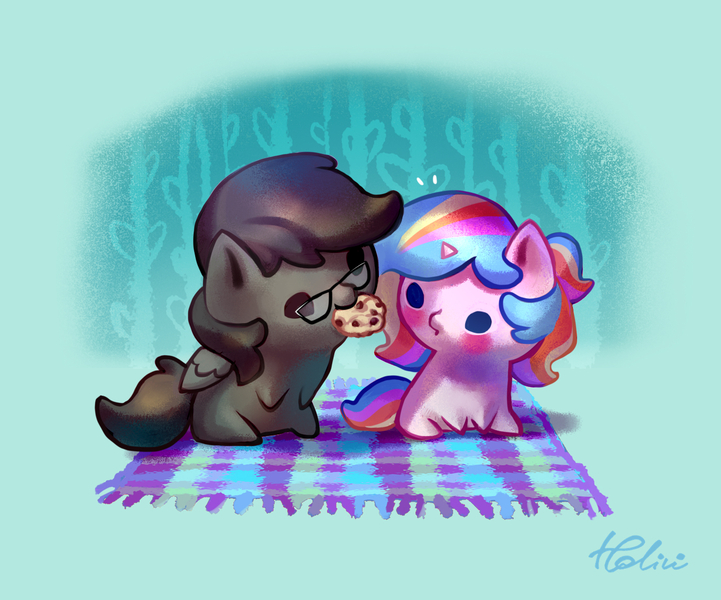 Size: 1378x1146 | Tagged: safe, artist:holivi, derpibooru import, oc, oc:oofy colorful, unofficial characters only, pegasus, pony, unicorn, abstract background, blue background, blushing, chibi, commission, cookie, couple, female, food, glasses, picnic blanket, simple background