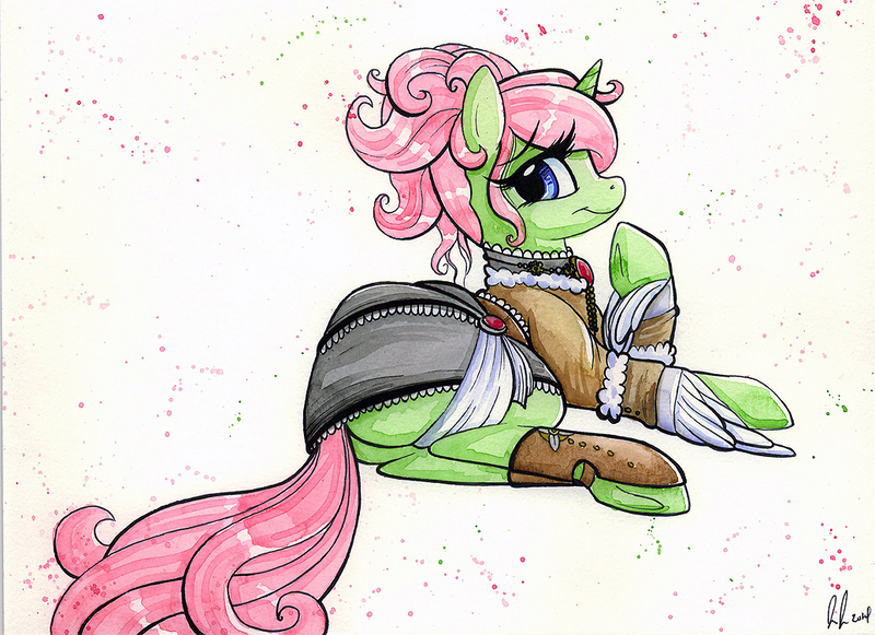 Size: 1036x752 | Tagged: safe, artist:prettypinkpony, derpibooru import, oc, unofficial characters only, pony, unicorn, clothes, dress, smiling, solo, steampunk, traditional art, underhoof