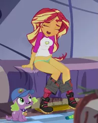 Size: 841x1056 | Tagged: suggestive, artist:lawrence alpaca, derpibooru import, edit, edited screencap, screencap, spike, spike the regular dog, sunset shimmer, dog, equestria girls, legend of everfree, bed, breasts, clothes, fetish, panties, pantypee, pissing, relief, shorts, shorts pulled down, socks, underwear, urine, wetting