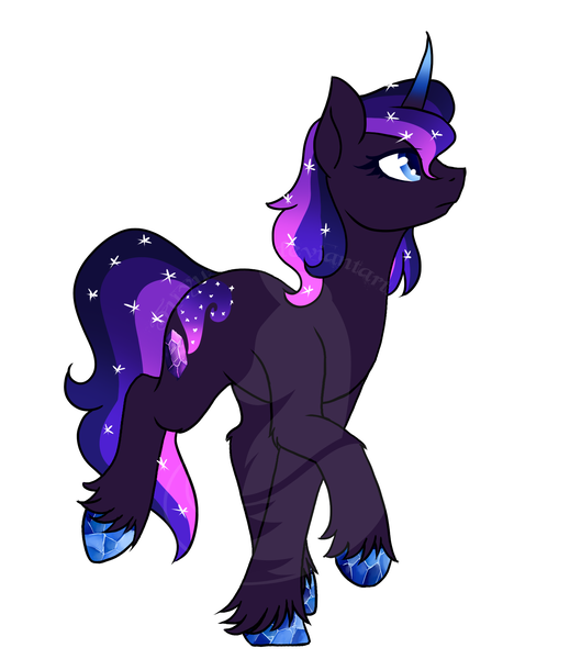 Size: 1667x1929 | Tagged: safe, artist:fuyusfox, derpibooru import, oc, oc:amethyst haze, unofficial characters only, pony, unicorn, crystal hooves, curved horn, ethereal mane, female, gradient horn, horn, mare, obtrusive watermark, offspring, parent:king sombra, parent:princess luna, parents:lumbra, simple background, solo, starry mane, unshorn fetlocks, watermark, white background