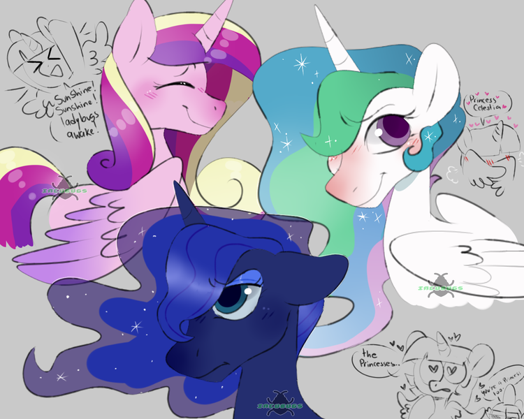 Size: 1280x1024 | Tagged: safe, artist:incubugs, derpibooru import, princess cadance, princess celestia, princess luna, twilight sparkle, twilight sparkle (alicorn), alicorn, pony, blushing, female, heart eyes, lesbian, shipping, sunshine sunshine, true love princesses, twidance, twilestia, twiluna, twilunestiance, wingding eyes