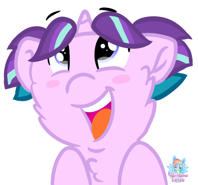 Size: 832x776 | Tagged: safe, artist:rainbow eevee, derpibooru import, starlight glimmer, pony, unicorn, cheek fluff, chest fluff, cute, eye shimmer, female, filly, filly starlight glimmer, floating eyebrows, floppy ears, fluffy, glimmerbetes, happy, looking up, open mouth, simple background, smiling, solo, transparent background, younger