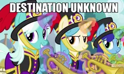 Size: 899x540 | Tagged: safe, derpibooru import, edit, edited screencap, screencap, clarion call, cornetta, unnamed character, unnamed pony, pony, unicorn, triple threat, alex gaudino, background pony, caption, clothes, destination calabria, funny, glowing horn, hat, horn, image macro, impact font, levitation, magic, magic aura, meme, musical instrument, smiling, song reference, telekinesis, text, trumpet, uniform