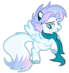 Size: 1840x1944 | Tagged: safe, artist:thesmall-artist, derpibooru import, oc, oc:aqua artist, unofficial characters only, alicorn, pony, alicorn oc, clothes, colored lineart, eyebrows, flying, horn, looking at something, male, open mouth, raised eyebrow, scarf, simple background, smiling, solo, spread wings, stallion, talking, transparent background, white outline, wings