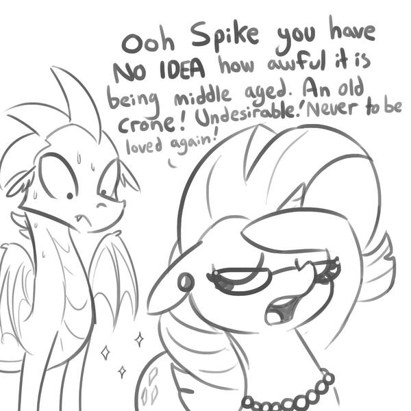 Size: 1500x1500 | Tagged: safe, artist:tjpones, derpibooru import, rarity, spike, dragon, pony, unicorn, cougar, dialogue, ear piercing, eyes closed, eyes on the prize, female, floppy ears, glasses, jewelry, lineart, male, mare, marshmelodrama, necklace, nervous, older, older rarity, older spike, open mouth, pearl necklace, piercing, rarity being rarity, shipping, simple background, sparity, sparkles, spread wings, straight, sweat, text, white background, winged spike, wings, wrong