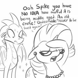 Size: 1500x1500 | Tagged: safe, artist:tjpones, derpibooru import, rarity, spike, dragon, pony, unicorn, cougar, dialogue, ear piercing, eyes closed, eyes on the prize, female, floppy ears, glasses, jewelry, lineart, male, mare, marshmelodrama, necklace, nervous, older, older rarity, older spike, open mouth, pearl necklace, piercing, rarity being rarity, shipping, simple background, sparity, sparkles, spread wings, straight, sweat, text, white background, winged spike, wings, wrong