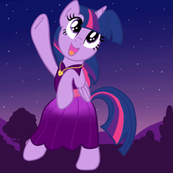 Size: 849x849 | Tagged: safe, artist:lannielona, derpibooru import, twilight sparkle, twilight sparkle (alicorn), alicorn, pony, animated, barely animated, bush, clothes, commission, cute, dancing, dress, eye shimmer, eye sparkles, female, gif, hill, jewelry, locket, looking up, mare, necklace, night, purple, show accurate, sky, smiling, solo, stars, tree, twiabetes, wingding eyes, ych result