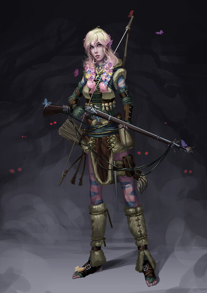 Size: 2059x2912 | Tagged: artist:sunset tide, bow (weapon), braid, butterfly, clothes, dead source, derpibooru import, elf ears, eyes in the dark, flintlock, flower, flower in hair, fluttershy, gray background, gun, human, humanized, insect, rifle, safe, simple background, solo, weapon, wing ears, woman