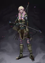 Size: 2059x2912 | Tagged: artist:sunset tide, bow (weapon), braid, butterfly, clothes, dead source, derpibooru import, elf ears, eyes in the dark, flintlock, flower, flower in hair, fluttershy, gray background, gun, human, humanized, insect, rifle, safe, simple background, solo, weapon, wing ears, woman