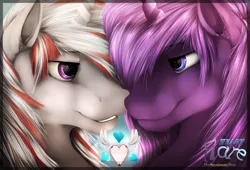 Size: 2500x1700 | Tagged: safe, artist:flareheartmz, derpibooru import, oc, oc:anonesna, oc:flareheart, pony, unicorn, bust, couple, cutie mark, gay, holiday, horn, male, portrait, stallion, text, valentine, valentine's day