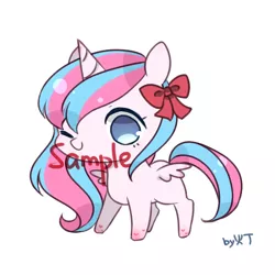 Size: 1400x1400 | Tagged: alicorn, artist:lity, bow, chibi, cute, derpibooru import, hair bow, no pupils, oc, one eye closed, safe, simple background, solo, unofficial characters only, watermark, white background, wink