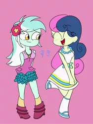 Size: 1200x1600 | Tagged: safe, artist:nene, derpibooru import, bon bon, lyra heartstrings, sweetie drops, equestria girls, adorabon, blushing, boots, clothes, cute, dress, eyes closed, female, implied lesbian, implied lyrabon, implied shipping, lyrabetes, pink background, shoes, simple background, smiling