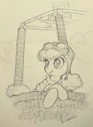 Size: 747x1024 | Tagged: safe, artist:daisymane, derpibooru import, cherry berry, earth pony, pony, aviator hat, cloud, female, goggles, hat, hot air balloon, mare, monochrome, pencil drawing, sketch, smiling, solo, traditional art