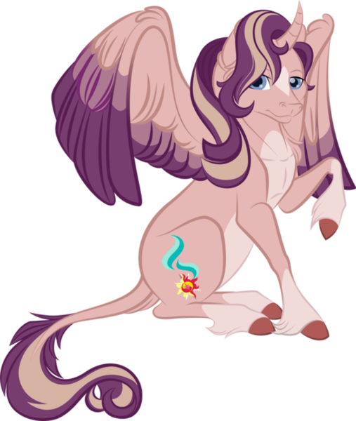Size: 1024x1211 | Tagged: safe, artist:lisianthus, derpibooru import, oc, oc:shimmering spectacle, unofficial characters only, alicorn, pony, alicorn oc, cloven hooves, colored wings, colored wingtips, curved horn, cutie mark, female, hair over one eye, horn, leonine tail, magical lesbian spawn, magical threesome spawn, mare, multicolored wings, multiple parents, offspring, pale belly, parent:starlight glimmer, parent:sunset shimmer, parent:twilight sparkle, parents:twishimmerglimmer, redesign, simple background, socks (coat marking), solo, spread wings, star (coat marking), transparent background, two toned wings, unshorn fetlocks, wings