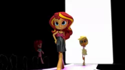 Size: 1137x640 | Tagged: safe, derpibooru import, applejack, pinkie pie, sunset shimmer, equestria girls, cgi, doll, equestria girls minis, fashion squad, toy