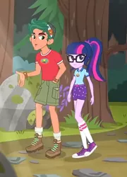 Size: 410x570 | Tagged: safe, derpibooru import, screencap, sci-twi, timber spruce, twilight sparkle, equestria girls, legend of everfree, boots, camp everfree logo, camp everfree outfits, clothes, converse, cropped, female, glasses, hand in pocket, legs, male, ponytail, shoes, shorts, sneakers, socks