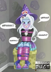 Size: 3316x4689 | Tagged: suggestive, artist:stickyduct, derpibooru import, trixie, equestria girls, bondage, breasts, clothes, doll, equestria girls minis, equestria girls outfit, female, femsub, gag, hat, muffled words, solo, solo female, submissive, tape, tape bondage, tape gag, the weak and powerless trixie, toy, trixie's hat